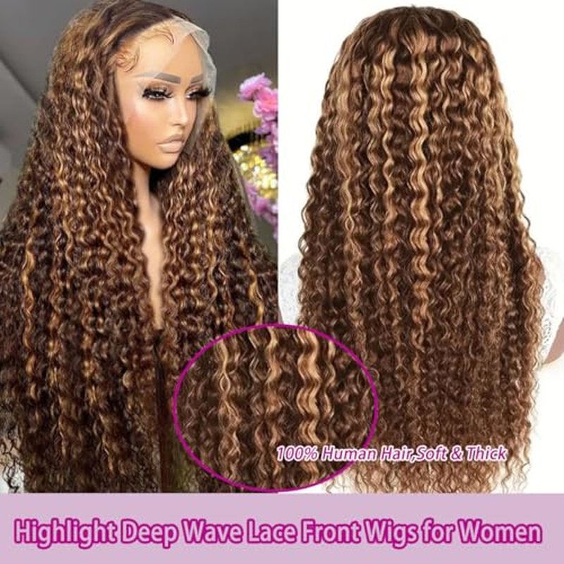 Highlight 13x6 Deep Wave Lace Front Wigs Human Hair 4/27 Ombre Curly HD Transparent Lace Frontal Wig Pre Plucked Glueless Wig human hair 210% Density Wet and Wavy Curly Wigs 18 Inch