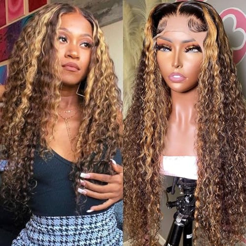 AKUZO Highlight Ombre Deep Wave Lace Front Wigs Human Hair 13x6 Lace Front HD Lace Front Wigs 4/27 Honey Blonde Lace Frontal 200 Density Glueless Wigs Pre Plucked Baby Hair 20inch