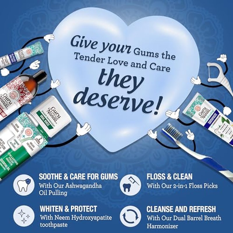 GuruNanda Gum Hygiene Makeover Kit with Ashwagandha & Cocomint (Travel Size) Oil Pulling, Neem Toothpaste, Breath Harmonizer Mouthwash, 2-in-1 Floss Picks & Whitening Toothbrushes