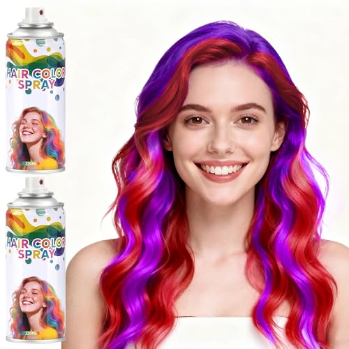 2 Pack Temporary Hair Color Spray for Girls Women,Washable Hair Dye Spray Non-Sticky Halloween Cosplay Party Crazy Hair Day Hair Coloring Wax (Fiery Red&Purple)