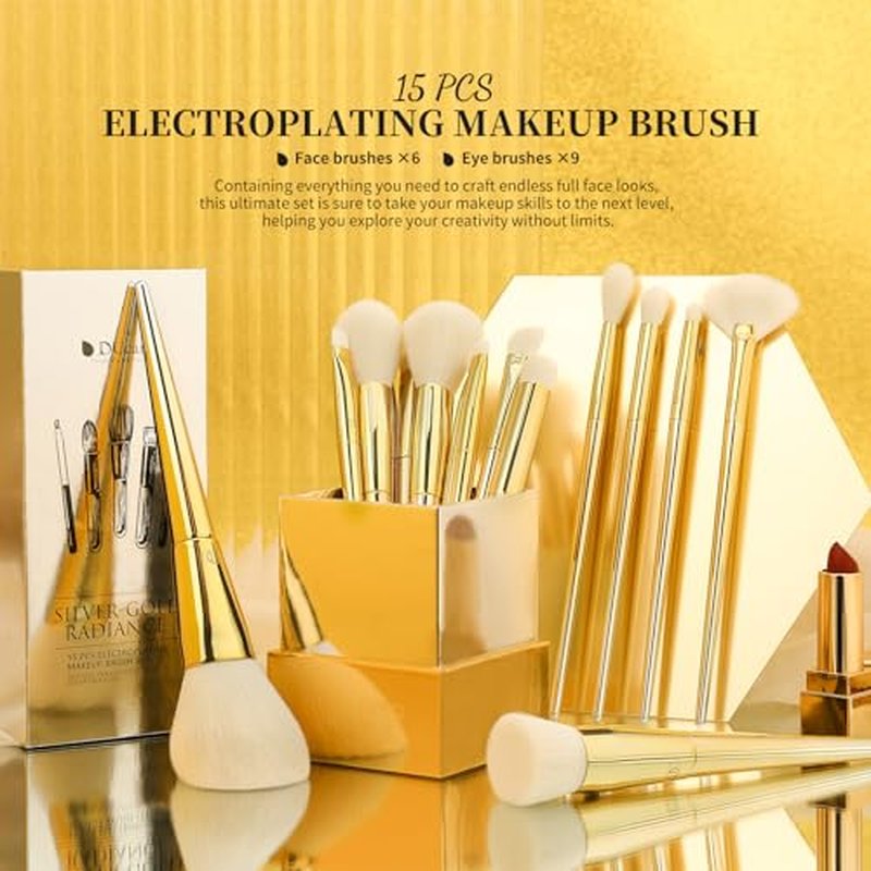 DUcare Makeup Brushes 15Pcs Makeup Brush Set with Holder Premium Synthetic Powder Foundation Contour Blush Concealer Eye Shadow Blending Liner Make Up Brush Kit gold-silver