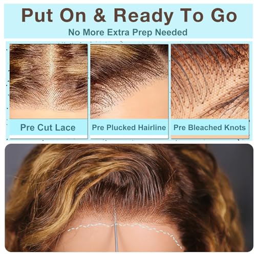 LuAiJa Ombre Brown Loose Wave Glueless Wigs Human Hair 9x6 Highlight Deep Wave Wear and Go Glueless Wigs Human Hair Pre Plucked Pre Cut 16 inch Blonde and Brown Lace Front Wig 200% Density