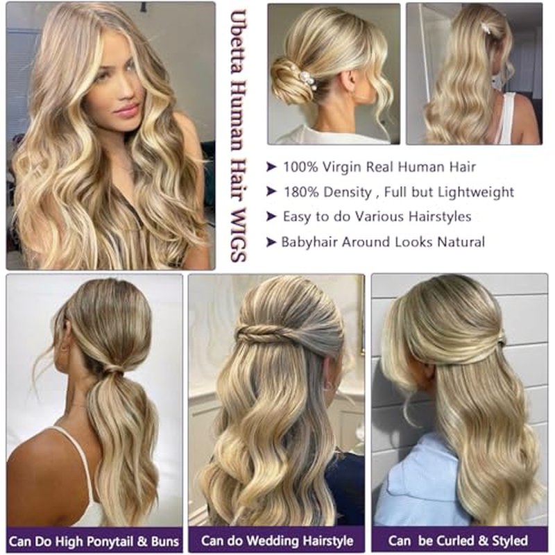Ubetta Highlight Ash Blonde Wig Human Hair 13x4 HD Balayage Wigs Human Hair 180% Density Ash Brown to Ash Blonde Highlights Lace Front Wigs Human Hair Pre Plucked 20 Inch Human Hair Lace Front Wig