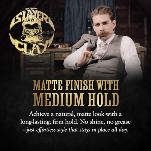 Hair Clay For Men - Slayer Clay Organic Medium Hold 2 Ounce Tin - Like Pomade Cream Or Gel - Shine Free & Non Greasy - Anti Dandruff & Easy To Use Mens Hair Product With Bentonite By Death Grip