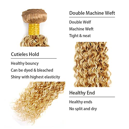 12 14 16 Inch Inch Human Hair Bundles Honey Blonde P27/613 Jerry Curly Bundles Human Hair 12A Unprocessed Quick Weave for Black Women Soft Sewn In with Double Weft