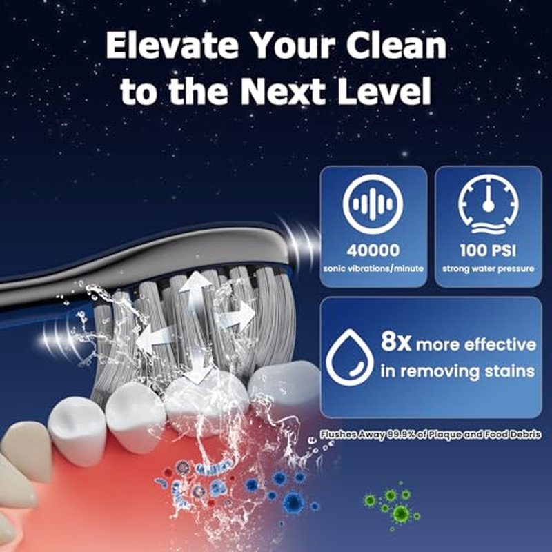 Water Flosser & Ultrasonic Electric Toothbrush Combo, 3-Mode Flossing Toothbrush with 5 Adjustable Speeds for Deep Clean, Wireless Fast Charge & 30-Day Portable Power for Travel Kit, Gift (Black)