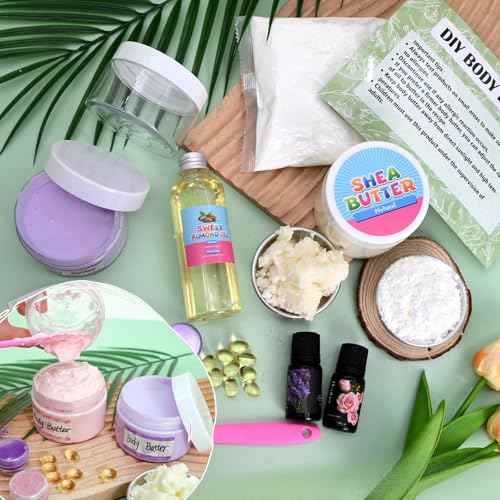 Body Butter Making Kit- Shea Butter Lotion Making Kit, DIY Crafts for Adults with Organic Shea Butter, Sweet Almond Oil, Mica Powder, Natural Whipped Body Butter Maker Skin Care Gifts for Women