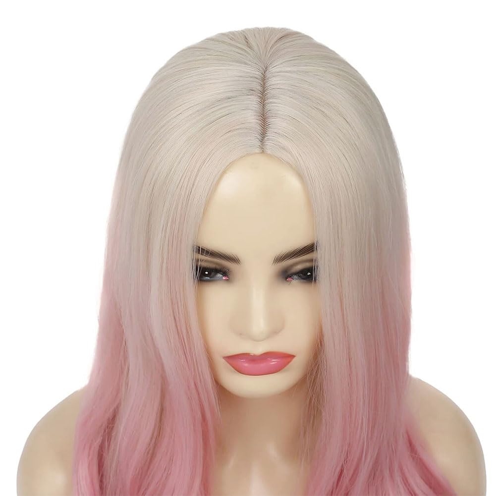 Dai Cloud Blonde to Pink Long Wavy Ombre Wig for Women Curly Heat Resistant Synthetic Halloween Cosplay Hair Wigs