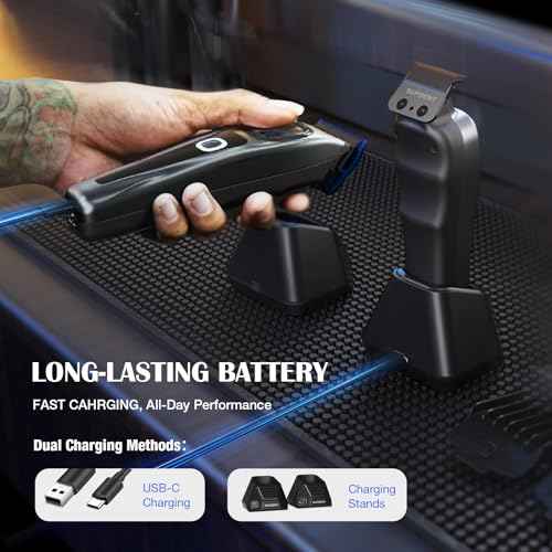 SUPRENT Professional Hair Clippers for Men - Barber Clippers & Zero-gapped Trimmer Combo with Charging Stand, Up to 10000 RPM Max Motor Speed, Blue Titanium-Coated Blades (Gray)