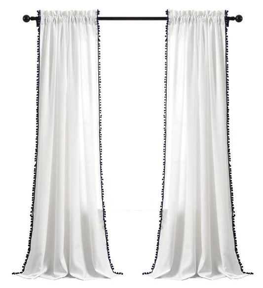 Lush Decor Pom Curtain | Textured, Solid Color Vintage Chic Style Window Panel for Living, Dining Room, Bedroom (Single), Navy, 50"W x 95"L