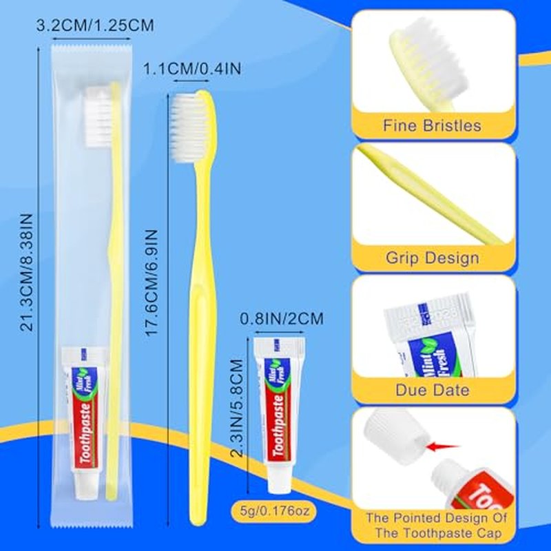 Yellow Disposable Toothbrushes with Toothpaste - Pack of 500,Individually Wrapped Single Use Travel Toothbrushes Kit Bulk for Homeless,Guests,Hotel,Dentist