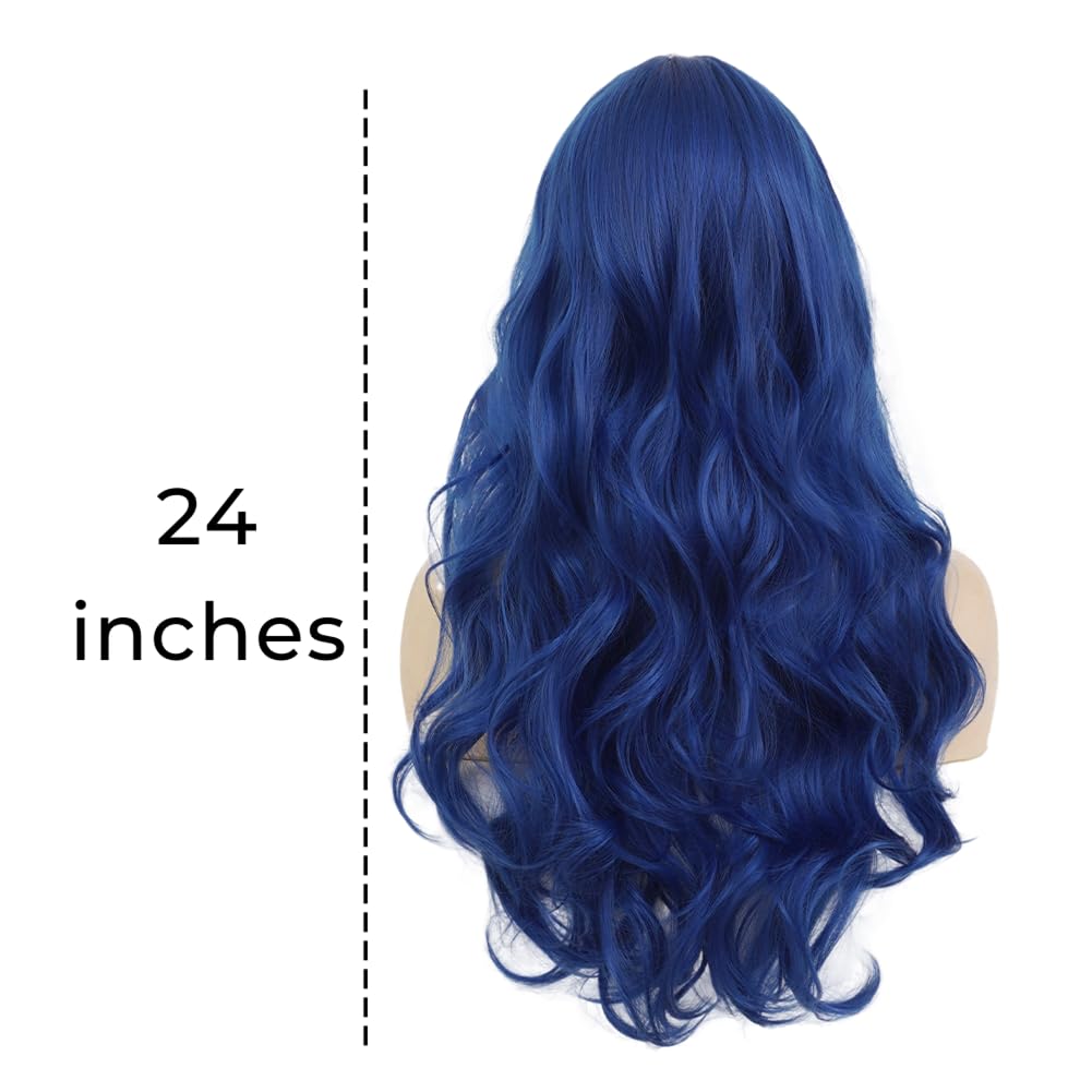 Salaibs Long Blue Curly Wavy Wig for Women Mermaid Wigs with Bangs Natural Looking for Daily Party Cosplay Halloween Use（Royal Blue）