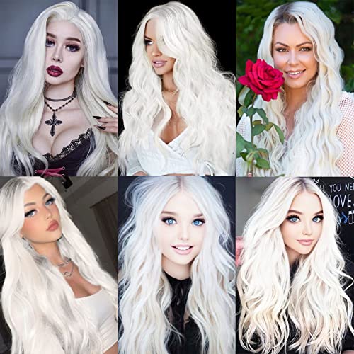 White Wig - Long White Wavy Wigs for Women Middle Part Cosplay Wigs 26 inch Natural Curly Synthetic Wig Heat Resistant Fiber Wigs for Daily Party Use