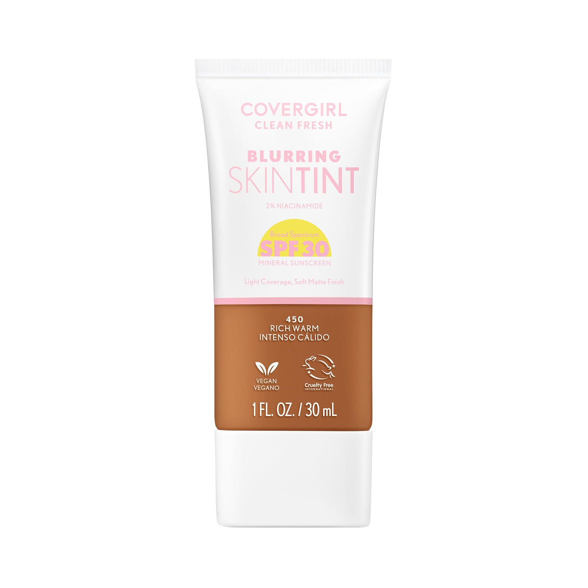 COVERGIRL Clean Fresh Blurring Skin Tint with SPF 30, 450 Rich Warm, Liquid Foundation, Soft Matte Finish, Smooths, Brightens, Blurs Pores, Mineral Sunscreen, Vegan Formula