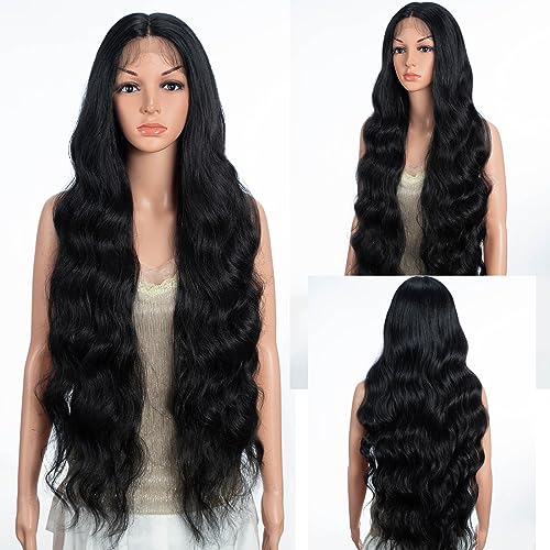 D?BUT 13x4 T Part Lace Front Body Wave Synthetic Wig Extra Long Wavy Middle Part Wigs Pre Plucked Hairline with Baby Hair 36 Inches 1B Color