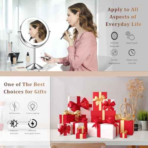 9in Makeup Mirror with Lights, 3x/20x 5000mAh Rechargeable Lighted Makeup Mirror with Magnification, 360¡Æ Rotate Magnifying Mirror,3 Color,Dimmable up,3800lux,80 LEDs,No Height Adjustment,Silvery