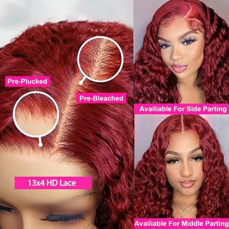 99j Burgundy Deep Wave Lace Front Wig Human Hair 13x4 200% Density Transparent Lace Frontal Wig Curly Wigs for Women Red Curly Wigs Pre Plucked with Baby Hair 99j Lace Front Wig (24inch)