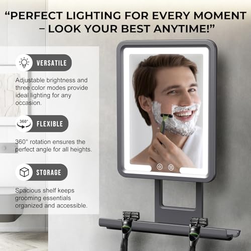 Rocollos Heated Fogless Shower Mirror, 360 Rotation, 3 Color Lighted, Rechargeable, Anti-Fog, Black, 13"L x 9"W