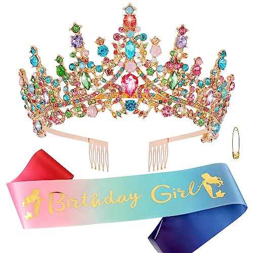 Birthday Girl Sash Tiara Queen Crown Tiaras and Crowns for Women Girls Multicolor Crystal Princess Tiara Rhinestone Headbands Quinceanera Crown Happy Birthday Decorations Accessories for Wedding Bride Bridal Cosplay Prom Halloween Party Supplies