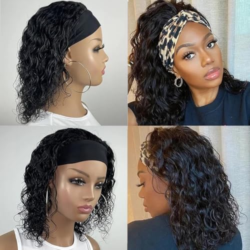 Short Headband Wigs for Black Women Water Wave Human Hair No Glue Curly Headband Wig Human Hair Curly Brazilian Virgin Hair 150% Density No Gel No Lace Wigs Natural Black Headband Wig (14inch)