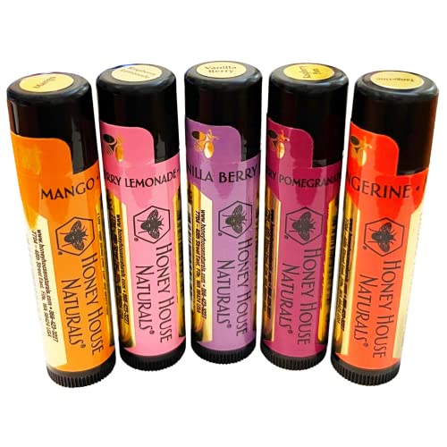 Honey House Naturals Lip Butter Gift Set ? Rich & Anti-Aging ? All Natural Ultra Moisturizing Lip Butter Infused with Essential Oils - 5 Piece Set - Made in the USA