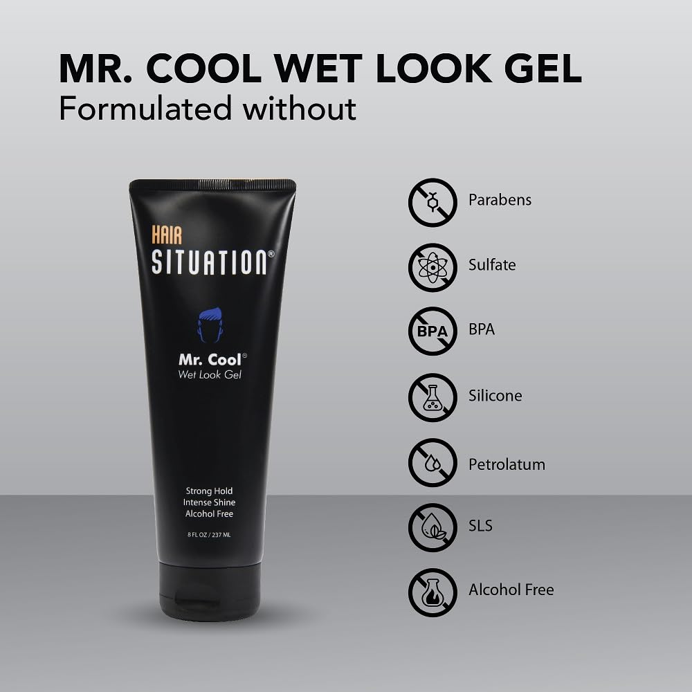 Hair Situation Mr. Cool Wet Look Strong Hold Hair Styling Hair Gel, High Shine, Anti-Humidity Shield, Anti-Frizz Fly Away, Alcohol-Free, No Flake Formula Made with Vitamins to Strengthen Hair, 8 Fl Oz