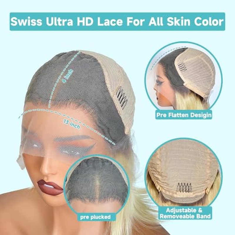 13x4 Ombre Blonde Bob Wig with Dark Roots 613 Brazilian Remy Human Hair Double Drawn Preplucked 200% Density Short Straight Wig UHD Transparent Lace Frontal for Women Summer Party 10"