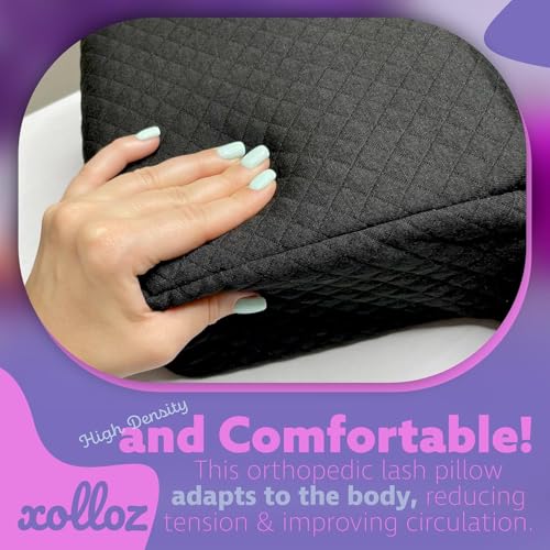 Lash Pillow for Eyelash Extensions - Curved Memory Foam Bed Pillow, Ergonomic Head Rest with Neck Support, Side Pockets for Tools, Fits Lash Beds for Tech ? Black