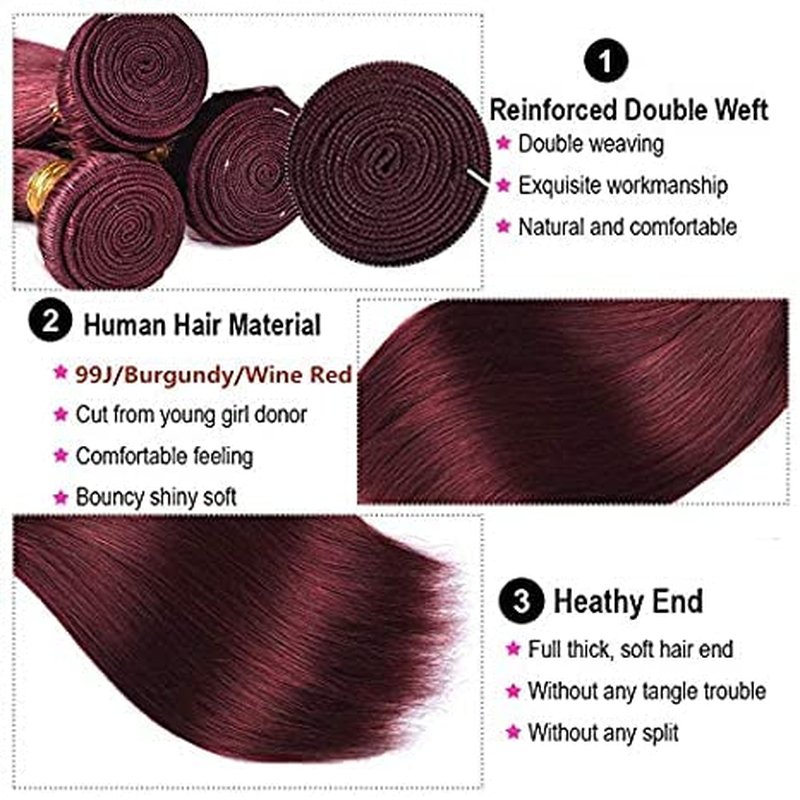 99J Burgundy Straight Hair Weaves | 20-Inch 8A Brazilian Virgin Human Hair, Unprocessed & Free Part