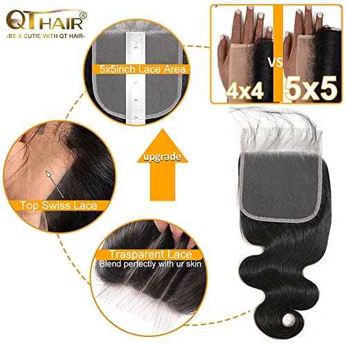 QTHAIR 16A 5x5 Body Wave HD Closure Human Hair Transparent Lace Closure 14inch Top Swiss Lace Closure Brazilian Virgin Hair Body Wave 150% Density Pre Plucked Natural Hairline Baby Hair