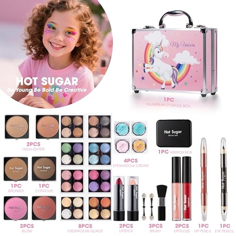 Hot Sugar Makeup Kit for Girls, Kids Makeup Set with Unicorn Train Case Includes Eyeshadow Palette, Blush, Lipstick, Lip Pencil, Eye Pencil