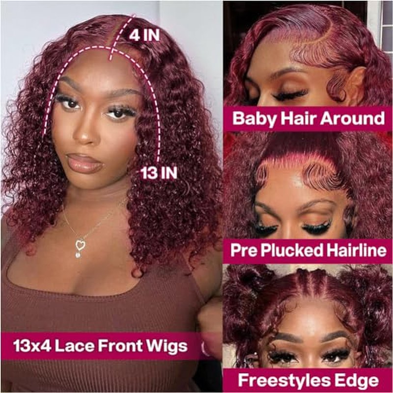 Hihmarm 99j Burgundy Deep Wave Lace Front Wigs Human Hair 13x4 HD Lace Frontal Wigs For Black Women Burgundy Lace Front Wigs Human Hair Pre Plucked 180% Density Red Curly Glueless Wig 16 Inch