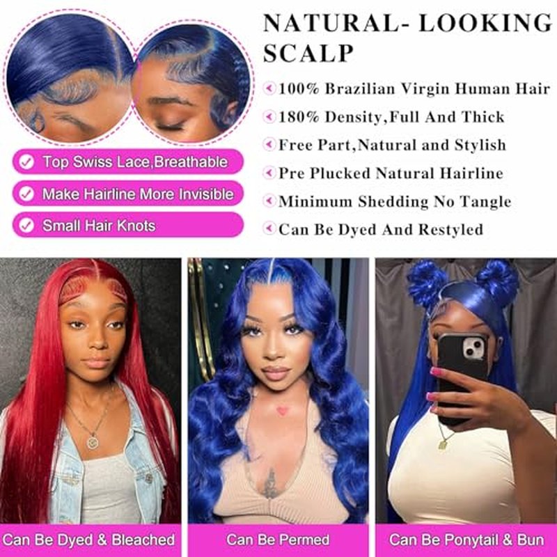 Blue Lace Front Wigs Human Hair 26 Inch Straight 13x4 HD Transparent Dark Blue Lace Front Wig Human Hair Wear and Go Glueless Wig Pre Plucked with Babyhair Colored HD Lace Frontal Wigs For Black Women