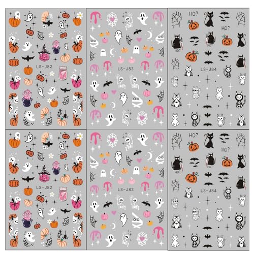Halloween Nail Art Stickers Cute Ghost Pumpkin 3D Self-Adhesive Nail Decals Bat Cat Skull Designs Nail Decorations Halloween DIY Manicure Supplies for Women Girls&Kids 6Pcs