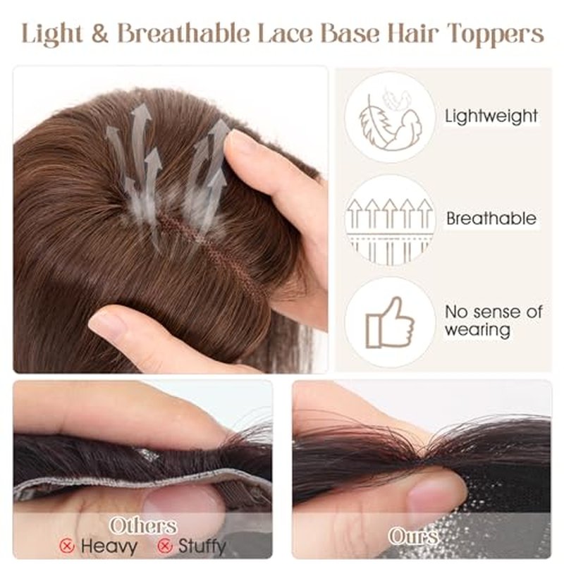Rich Choices Hair Toppers for Women Real Human Hair 100% Human Remy Toppers for Women with Thinning Clip in NO Bangs Upgrade Extended 2"*6"Lace Base 150% Density 12 Inch #2 Dark Brown