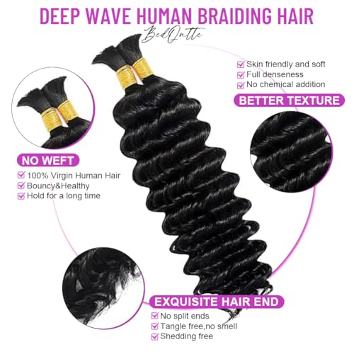 Natural Black 100% Virgin Hair Extensions Human Braiding Hair for Boho Braids 16Inch 110g Deep Water Wave Boho Bulk Human Hair for Knotless Braiding No Weft 2 Bundles/Pack