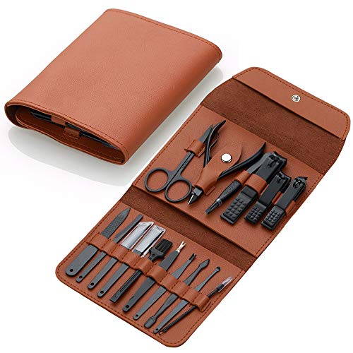16 Pieces Manicure Set, Pedicure Kit, Nail Clippers, Stainless Steel Professional Personal Care Tool Kit, Nail Tools with Brown Case, Gifts for Men