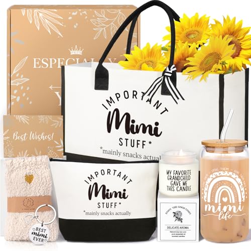Mimi Gifts, Mothers Day Gifts For Grandma Mimi, Best Grandmother Gift Set from Granddaughter Grandkids - Unique Canvas Tote Bag Makeup Bag 16oz Glass Tumbler Care Package for Women
