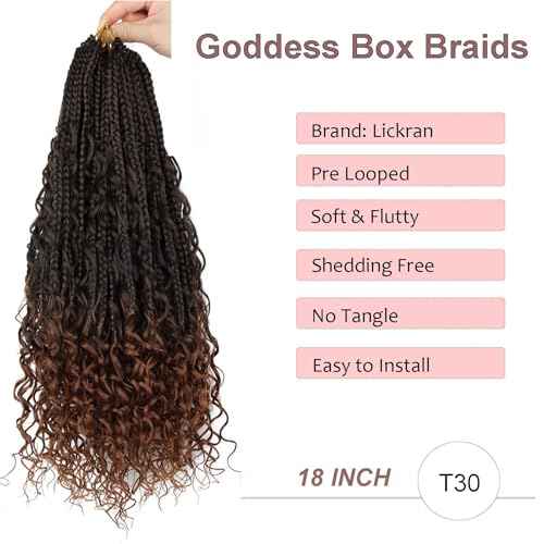 18 Inch Goddess Box Braids Crochet Hair 8 Packs Crochet Hair for Black Women Boho Box Braids Crochet Hair with Curly Ends Bohomian Box Braids Synthetic Braiding Hair Extensions T30#