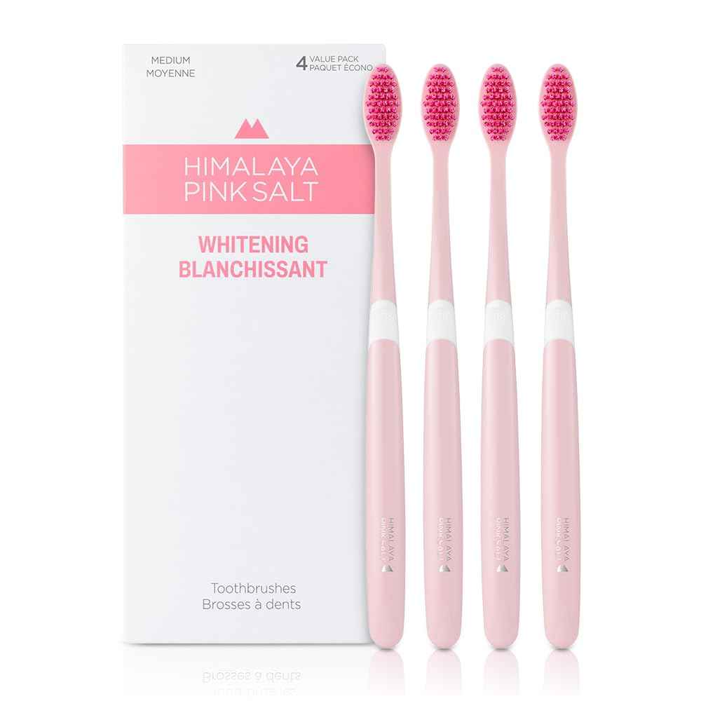 HIMALAYA PINKSALT Natural Toothbrush 4 Count - Medium Toothbrushes for Adults, Plaque Remover for Teeth, Tapered Bristles Gentle on Teeth and Gum, Deep Clean Toothbrush