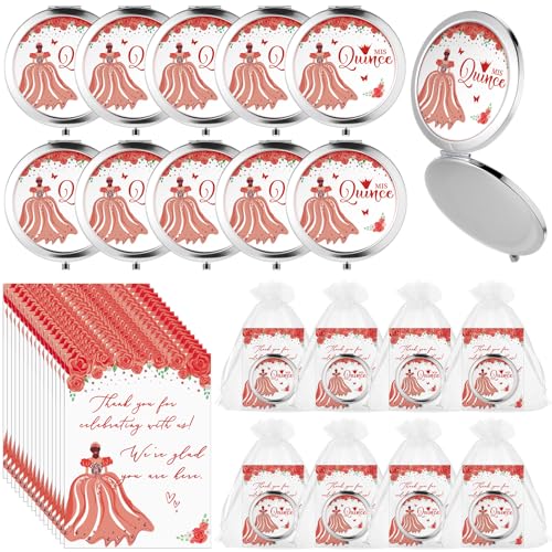Menkxi 24 Sets Quinceanera Party Favors for Guests Mis Quince Compact Pocket Mirrors and Quinceanera Cards with Organza Bags for 15 Years Sweet Mis Quince Birthday Party Favor (Red)