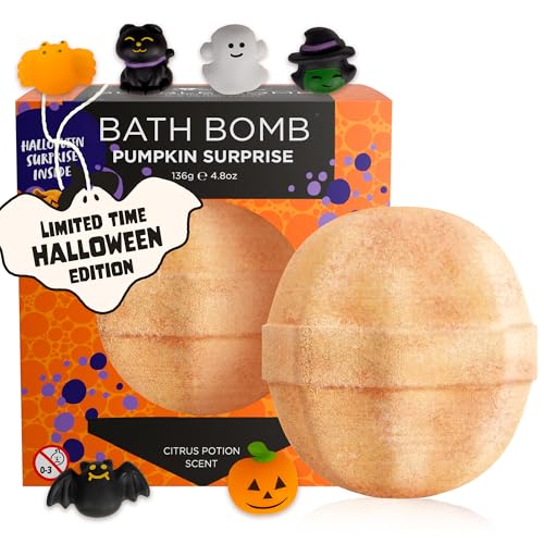 Halloween Bath Bombs for Kids with Surprise Halloween Toys Inside - Large Pumpkin Bath Bombs for Kids, Boys & Girls ? Spooky Boo Basket Stuffers for Kids - Made in USA Bubble Bomb by Two Sisters
