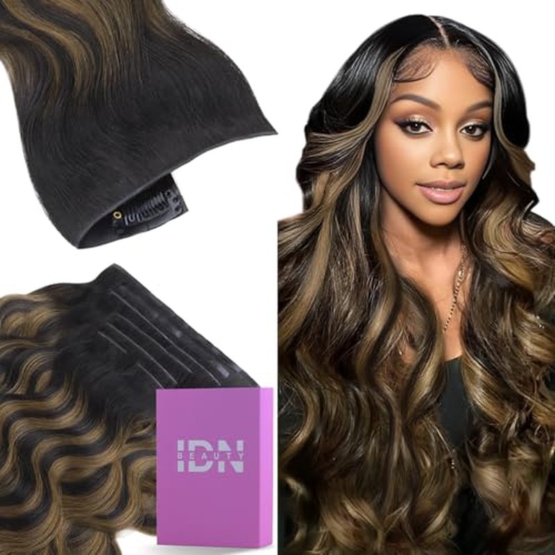 IDN BEAUTY 5+2 Invisi Edge Seamless Clip in Hair Extensions Human Hair, Body Wave Balayage Natural Black to Brown 14 Inch 100g 5pcs Invisible Edge & 2pcs Seamless Clip ins for Black Women No Leave Out