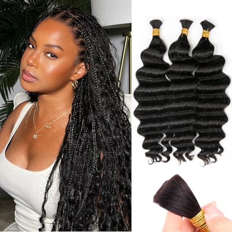 Human Braiding Hair for Boho Braids, 100% Virgin Human Hair No Chemical Processing, Black Bulk Human Hair for Braiding Small Knotless Braids Bohemian Style (Black - Deep Wave, 150g - 20 Inch)
