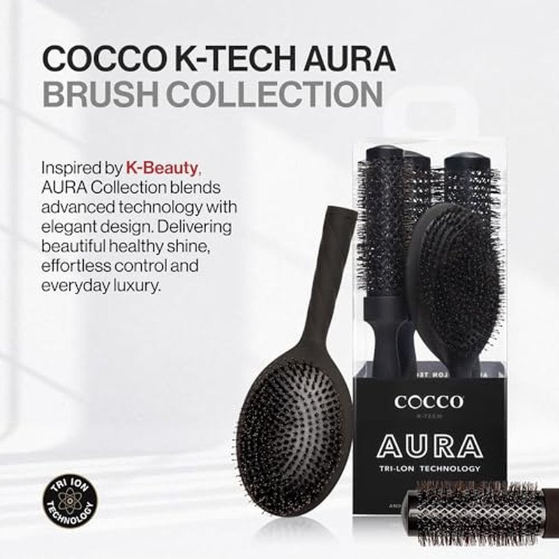 COCCO Aura Brush Set, Ceramic Paddle & Round Hairbrushes for Women, Blow-Drying & Frizz Control, Tourmaline Bristles, Ergonomic Grip, Full Styling Set (Black)