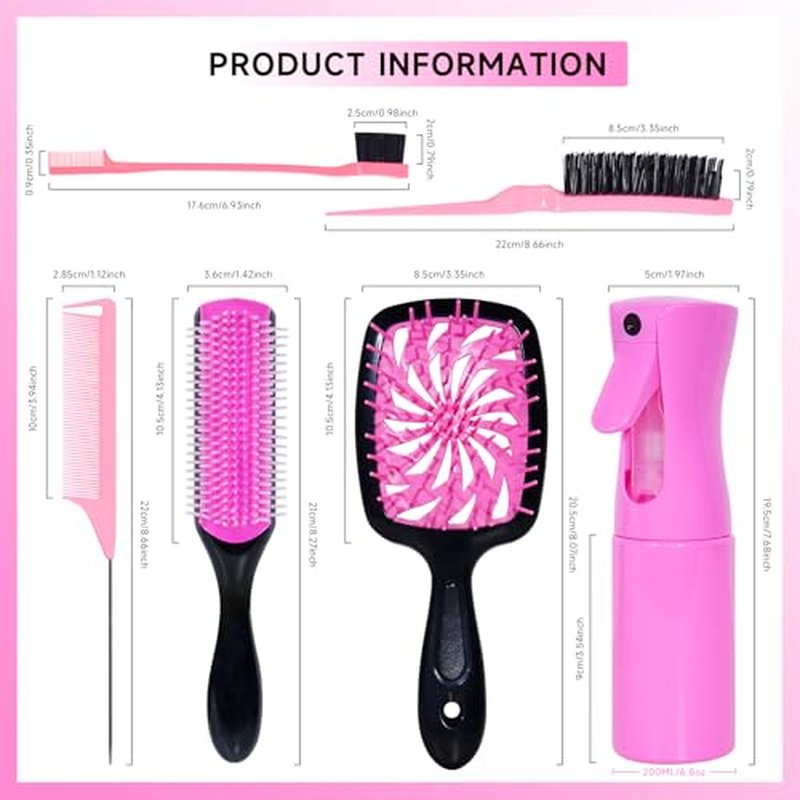 11 Pcs Hair Brush Set, Detangle Hair Brush And Spray Bottle, 3 Pieces Smooth Hairbrush For Toddlers, Suitable For Wet and Dry Hairstyles, Suitable For Adults And Children. (Pink)