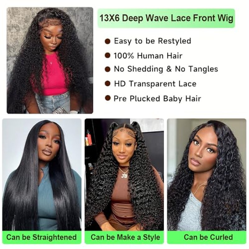 26 Inch Deep Wave Lace Front Wigs Human Hair Wig for Women 200 Density 13x6 HD Lace Front Wigs Human Hair Glueless Deep Curly Frontal Wigs Human Hair Pre Plucked