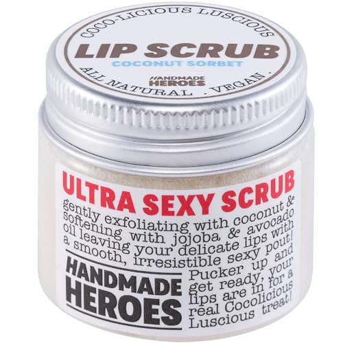 Handmade Heroes 100% Natural Lip Scrub, Vegan Conditioning Coconut Exfoliator - Gentle Exfoliant, Sugar Polish and Scrubber for Chapped Dry Lips, 1oz (Coconut Sorbet)