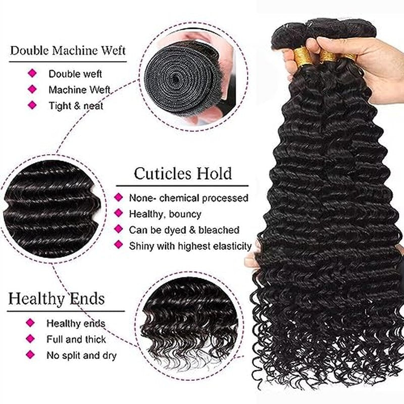 Deep Wave Human Hair Bundles with Closure 12A Grade Brazilian Unprocessed Virgin Human Hair 3 Bundles With 4X4 Lace Closure Free Part 16 18 20+14 Inch Double Weft Water Wave