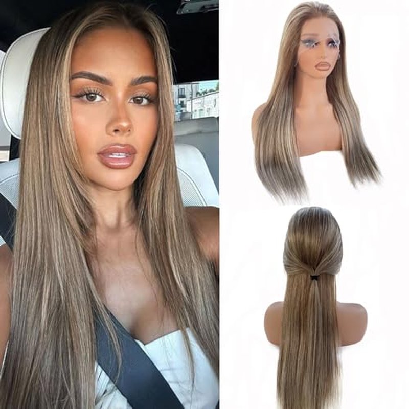 13*6 Ombre Lace Front Human Hair Wigs,6/6P18 Highlight HD Lace Front Real Brazilian Straight Wig for Women,Light Brown to Brown with Ash Blonde,Pre Plucked Natural Hairline with Bleached Knots
